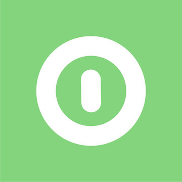 Minimalist White Power Button Icon Featuring a Circular Ring and Vertical Bar Centered on a Vibrant Green Square Background Representing System Start Ignition On and Energy Activation