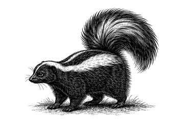 Intricate black and white skunk drawing with detailed fur patterns