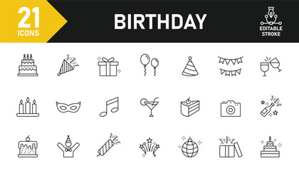 Birthday line icon set. Set of 21 outline icons related to happy birthday, celebration, birth, cake, party, event, gift and others. Editable stroke. Vector illustration.
