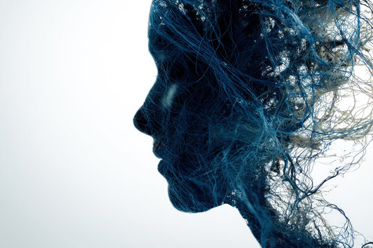 Mental health concept. Head with a mind blown apart, representing  mental overload.