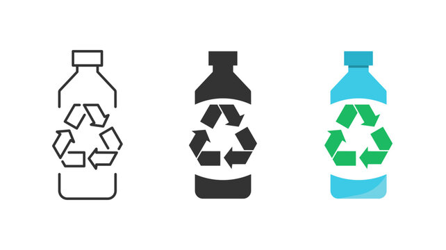 Recycled plastic bottles logo icon with recycling arrow and green leaves. Line, glyph and filled outline colorful version, outline and filled vector sign. PET food and beverage packaging. Vector