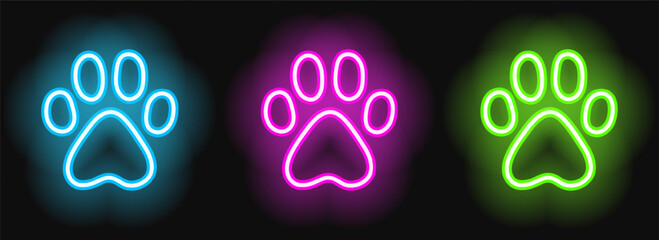 Set dog paw print, neon bright green, blue, purple glowing line on a dark background, pet symbol, vector illustration. © Neoncat