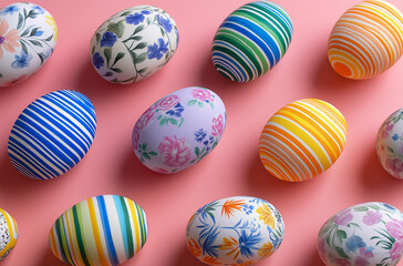 Vibrant Easter eggs with floral and striped patterns on pink background