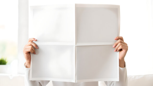Person holding blank white broadsheet newspaper mockup with four sections in bright room.