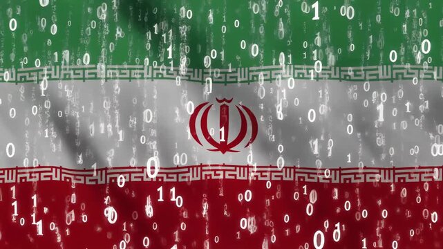 Iran National Flag Waving with White Binary Code Data Rain Animation