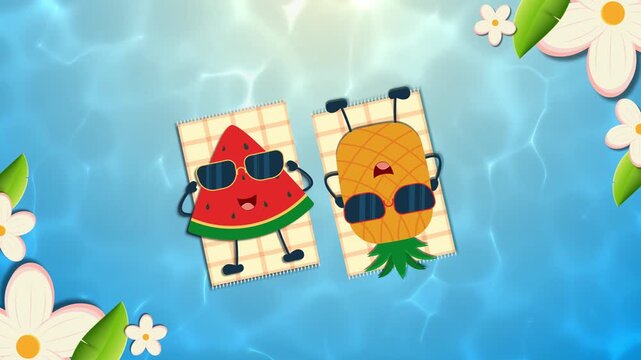 Animation of watermelon and pineapple together relaxing in the sea during summer
