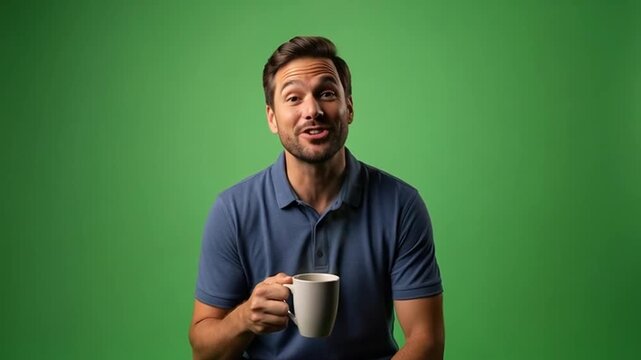 Smiling man holding a coffee mug in front of a green background, upper body view, studio setting, relaxed atmosphere