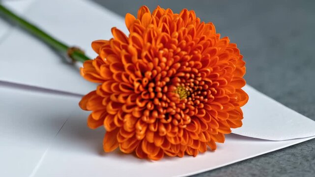 Bright orange flower placed on a white envelope on a gray surface in a simple setup during daylight hours