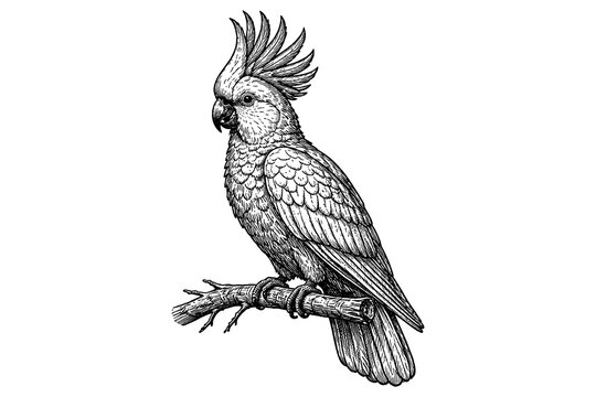 Intricate cockatoo art: detailed line drawing of a parrot perched on a branch