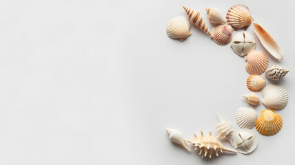 Obraz premium Elegant Seashell Arrangement on White Background: Coastal Decor, Summer Vibes, and Ocean Treasures with Copy Space