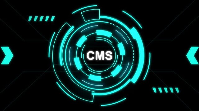 CMS technology glowing neon circle digital interface futuristic cyber data hub.