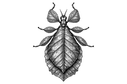 Intricate detailed leaf insect in monochrome ink art style