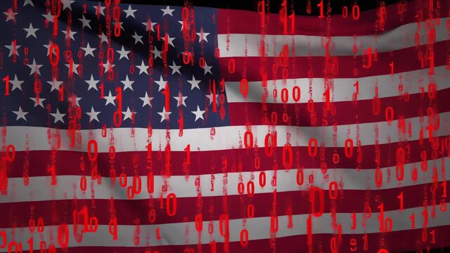 USA Flag Waving with Red Binary Code Rain Digital Cyber Attack Animation