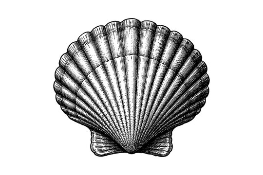 Intricate black and white seashell artwork in vintage engraving style