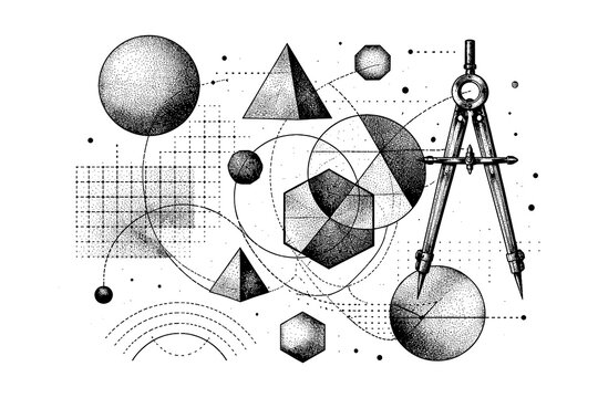 Geometric designs with compass and shapes in halftone art style