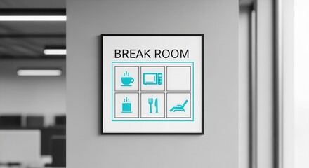 Modern Office Break Room Sign Illustrating Amenities with Pictograms and Signage