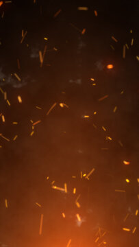 Floating fire sparks and glowing embers with smoke on dark background