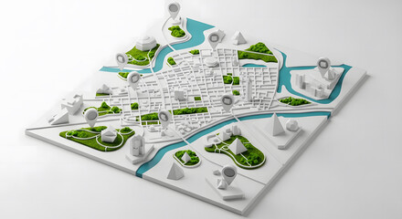 3D isometric city map model featuring streets, parks, river, and