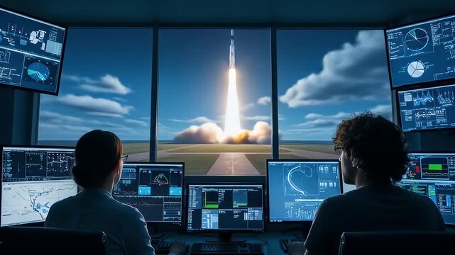 Control room view of a rocket launch, scientists watching monitor displays of data