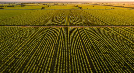Aerial view of vast green sugarcane fields separated by a dirt r