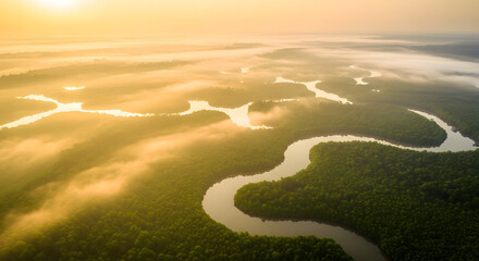 Aerial view of winding river through dense mangrove forest at go