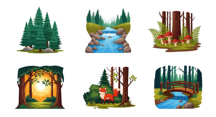 Obraz premium Whimsical forest scenes with trees, river, and wildlife illustrations