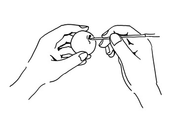 竹串で梅のヘタを取る手元の線画イラスト（梅仕事・下処理）