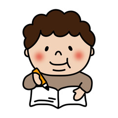 勉強するぽっちゃりした天パの子供（男の子）