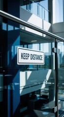 Obraz premium Modern Office Space Interior with Social Distancing Sign Reflecting Sunlight and Shadows