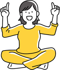 胡坐をかいて上を案内する女性