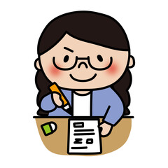 テストを受ける眼鏡を掛けた三つ編みの子供（女の子）