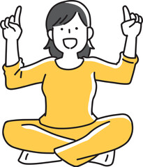 胡坐をかいて上を案内する女性