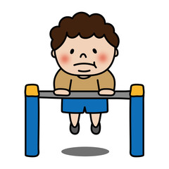 鉄棒をするぽっちゃりした天パの子供（男の子）