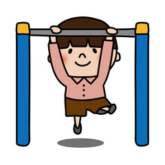 鉄棒をする大人しいマッシュヘアの子供（男の子）