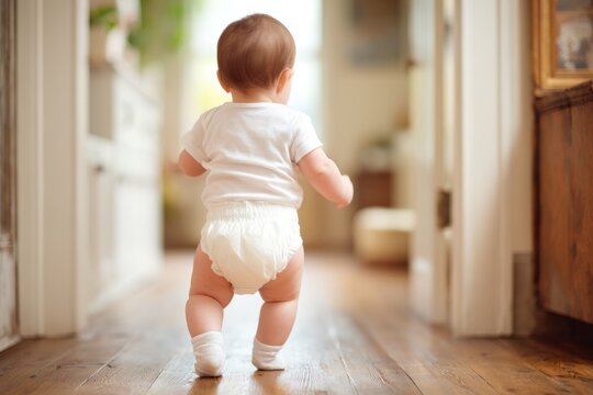 Cute baby in diaper taking first steps in a bright hallway at home