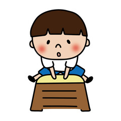 跳び箱をとぶ大人しいマッシュヘアの子供（男の子）