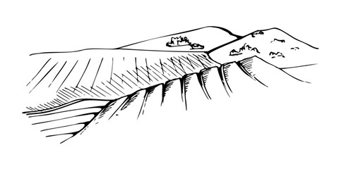 Landscape scenic vista of hill slopes, agricultural and farmland. Vector illustration hand drawn in ink for eco themes, nature branding, outdoor magazines, posters, vineyard scenery, travel artwork.