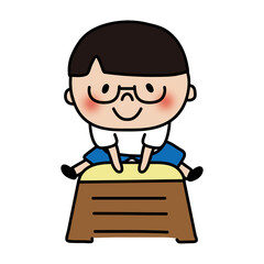 跳び箱をとぶ眼鏡を掛けたサラサラヘアの子供（男の子）