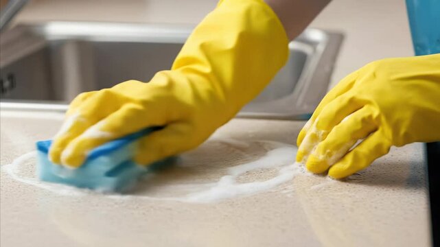 Hands in yellow gloves cleaning kitchen counter with sponge and soap foam