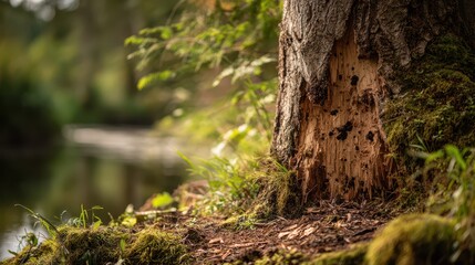 Obraz premium Close-up of a tree trunk gnawed by a beaver along a forest riverbank