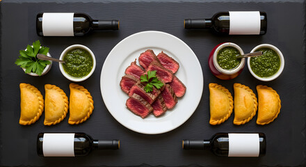 Argentine Asado Steak, Empanadas, and Chimichurri Sauce with Win