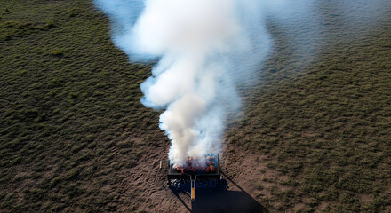 Argentinian Asado grill with heavy white smoke rising in dry rur