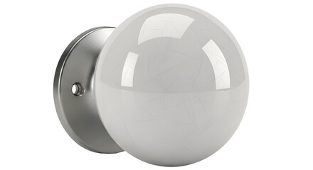 A realistic 3d rendering of a modern wall mounted light fixture featuring a circular brushed metal base and a frosted white spherical glass diffuser against a deep black background ideal for interior 