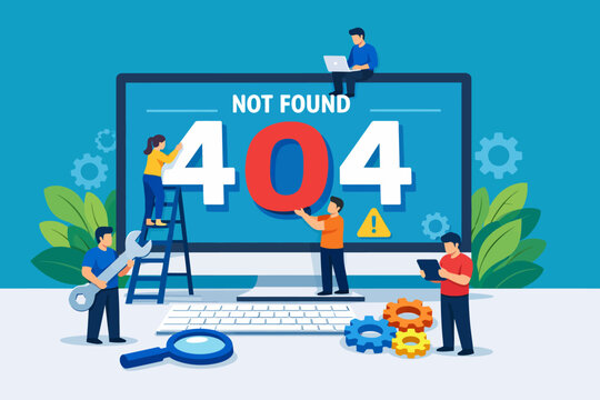 404 Error Not Found Concept: Small technical maintenance team fixing website problems on a monitor screen. Page failure troubleshooting illustration.