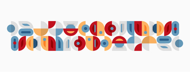 Abstract geometric shapes, midcentury modern style. Colorful overlapping forms create playful pattern. Simple design, flat illustration.