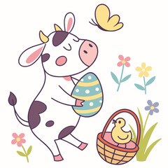 Naklejka premium Creative SVG: Playful Cow with holding a heart in a Springtime Joy colored Easter theme
