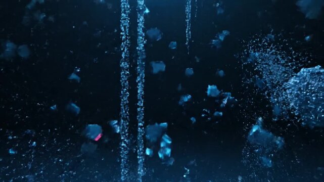 Surreal underwater scene with rising video bubbles in dark ocean water