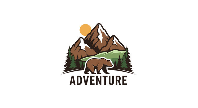 Majestic Bear Roaming in Front of Towering Mountains and Lush Pine Forests.