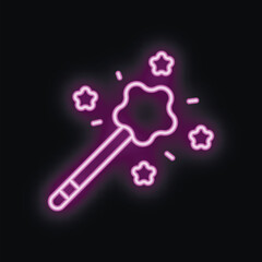 Obraz premium Purple neon magic wand creating sparkling stars on black background