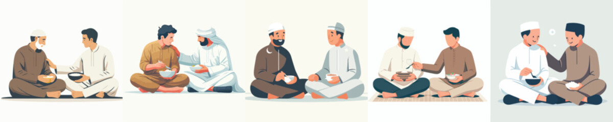 Fototapeta premium vector of muslim men sharing food to break the fast in ramadan